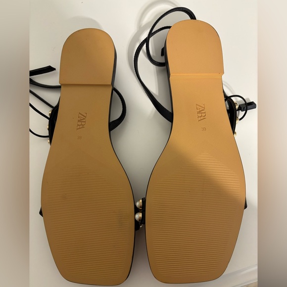 Zara Black Sandals Size 8.5 (Size 39) flat with Gold and Pearl detail - Picture 5 of 9